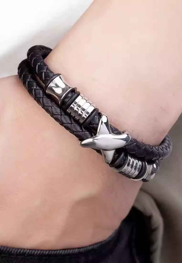 Accessories Pria X Classic Charm  Leather Bracelet Gelang Pria Black & Silver