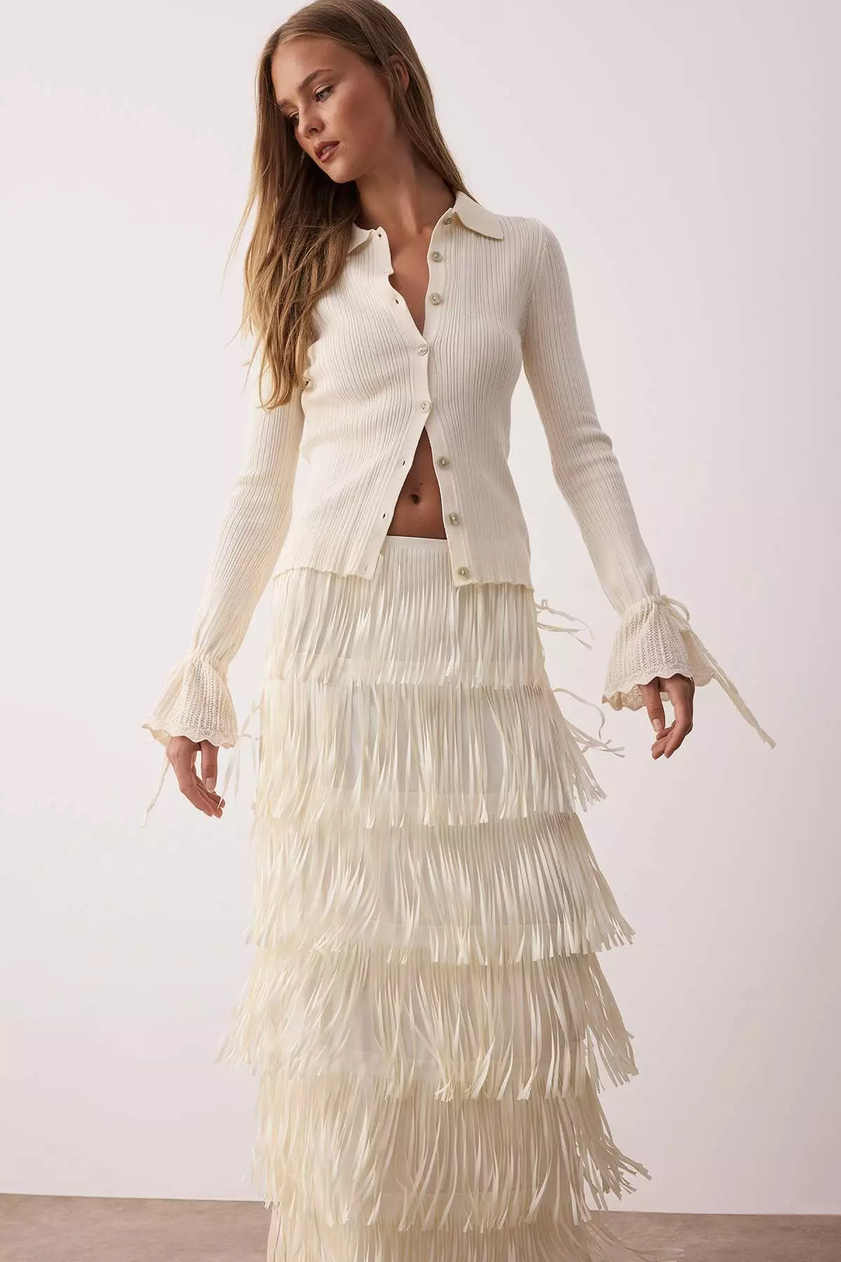 Ecru Mercerized Look Ribbed Polo Neck Knitwear Cardigan