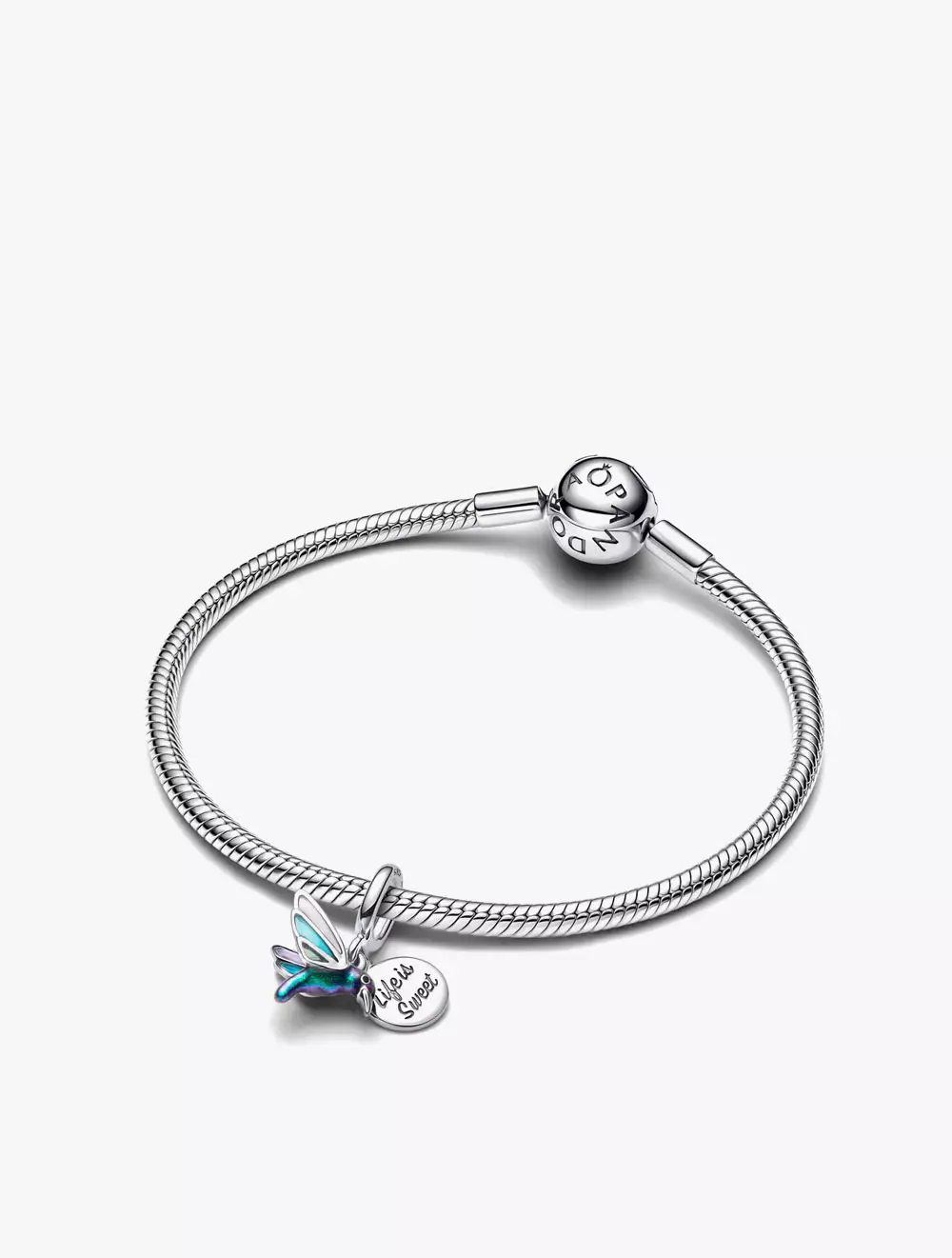 Hummingbird sterling silver double dangle with glittery green, black, transparent blue and purple enamel