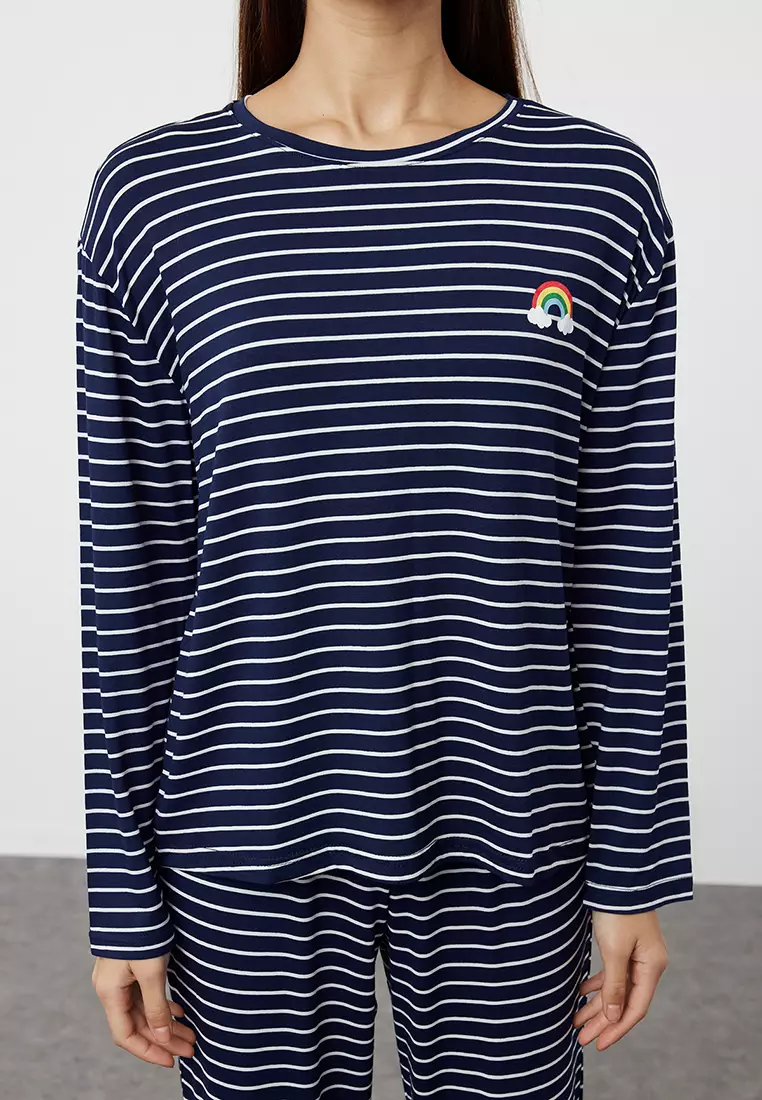 Navy Blue Striped Rainbow Printed Viscose Knitted Pajama Set THMAW25PT00014