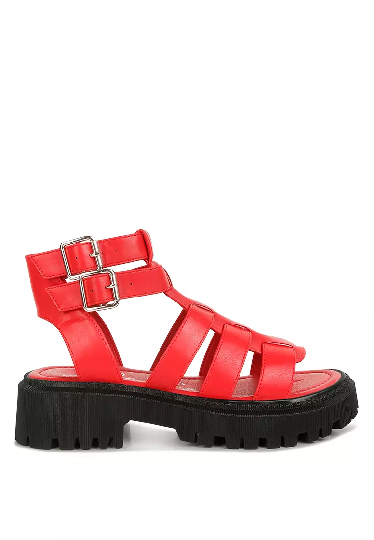 Discount on London Rag  shoes - SKU: Red Double Buckle Detail Chunky Sandals