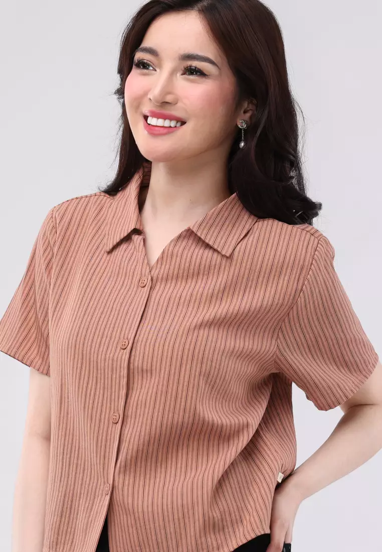 Woven Stripes Short Sleeves Collared Blouse
