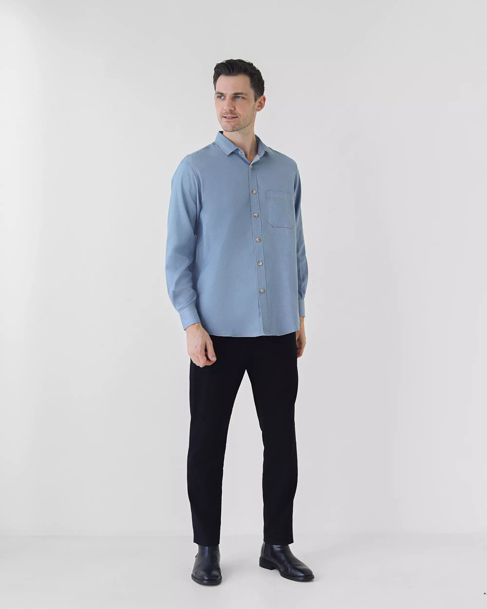 Cotton Well Light Denim Series in Washed Blue | Kemeja Lengan Panjang Denim Biru