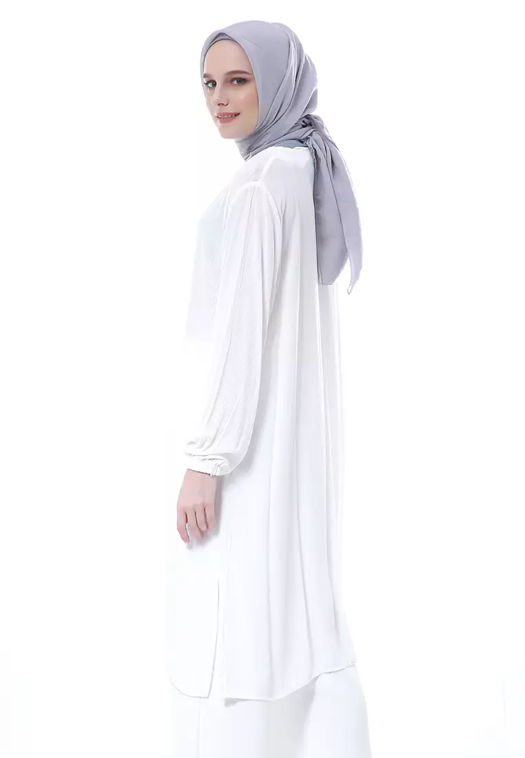 Aulia Tunik Pakaian Muslimah Wanita Lengan Panjang Motif Polos Regular Fit Premium High Quality - White