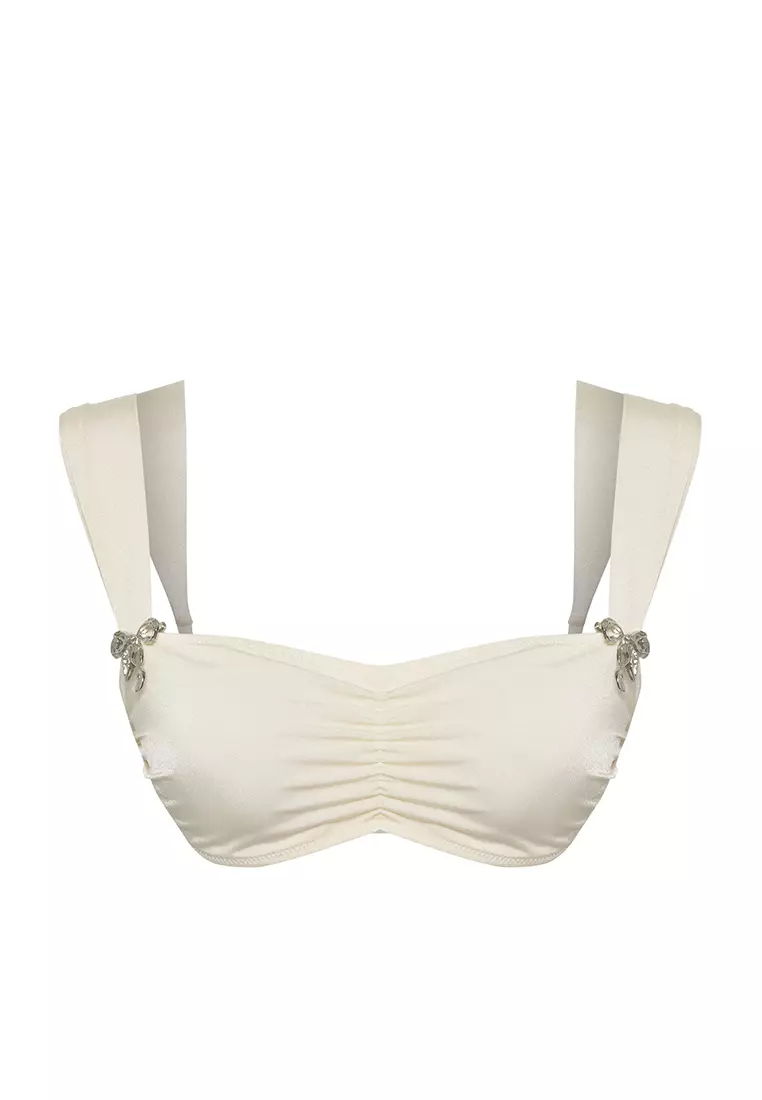 Ecru Square Neck Bow Accessorized Pretty Bikini Top