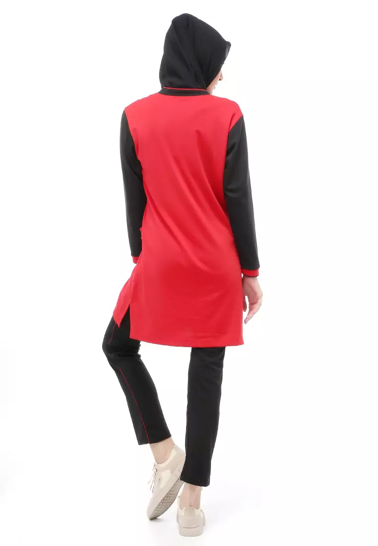 Kalila Baju Olahraga Atasan Bawahan Tunik Wanita Muslimah Relaxed Fit - RedBlack