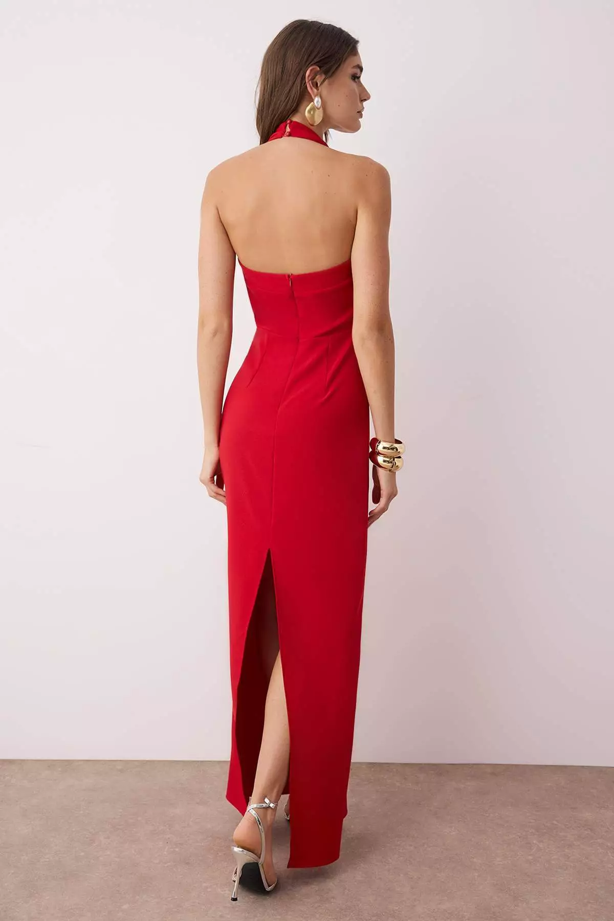 Red Body Fitting Degaje Collar Long Stylish Evening Dress