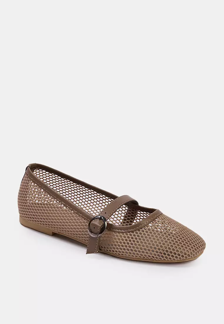 Beige Mesh Round Toe Mary Jane Women's Ballerinas Takss24Be00000
