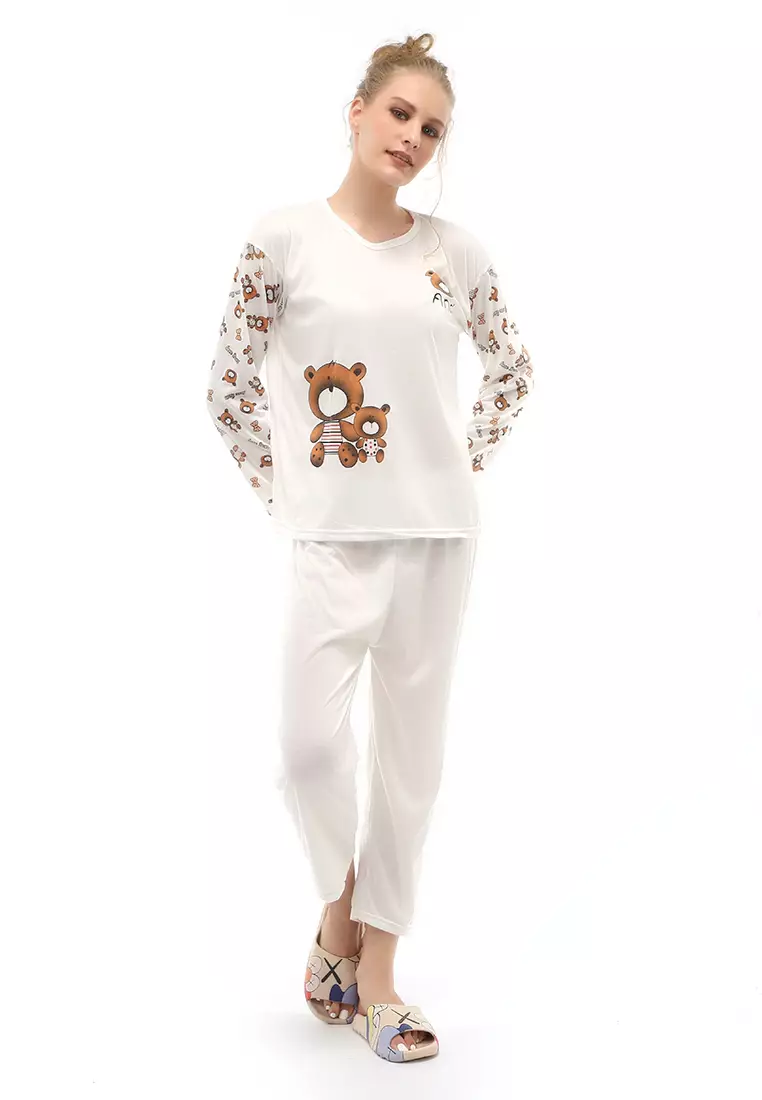 Vance Setelan Piyama Baju Tidur Wanita Lengan Panjang Motif And Bear Material Cotton ORIGINAL - White Cream