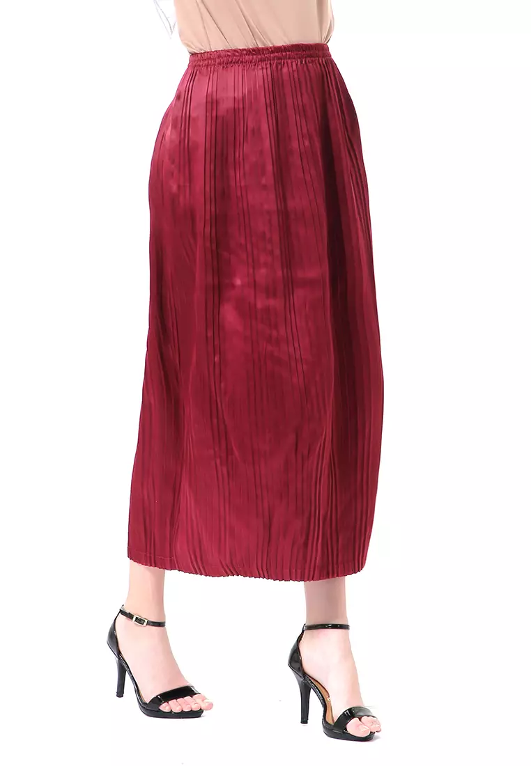 Angely Rok Plisket Rubbery Waist Fashion Wanita Simple - Maroon