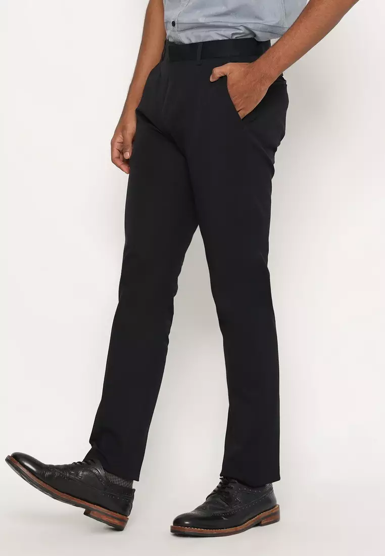 POLICE Celana Formal Kantor Stretch Panjang Slim Fit Hitam Pria