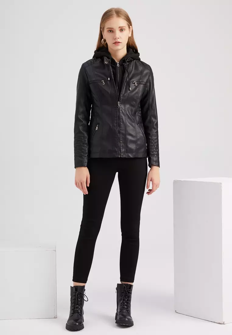 Detachable Knitted Hooded Faux Leather Jacket‌‌ AD-6699