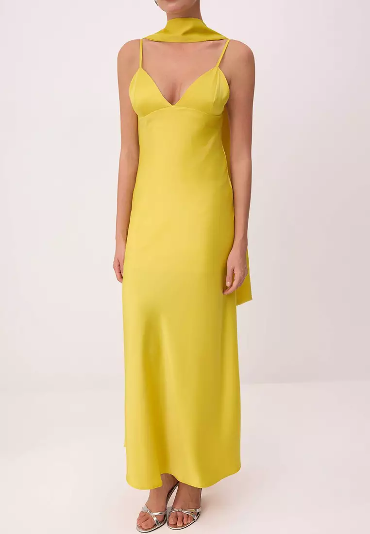 Light Yellow Plain Scarf Woven Satin Maxi Lined Stylish/Evening Dress