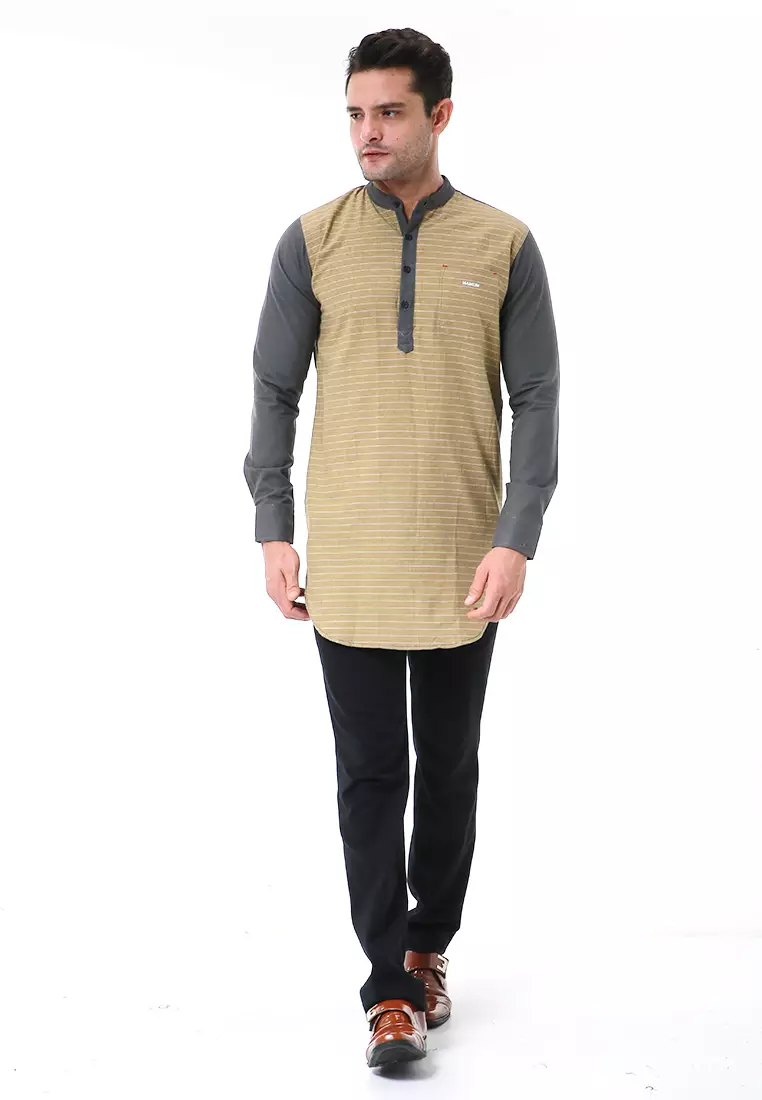 Leopold Kemeja Koko Pria Lengan Panjang Design Salur Full Variasi Material Cotton ORIGINAL - Gray Yellow