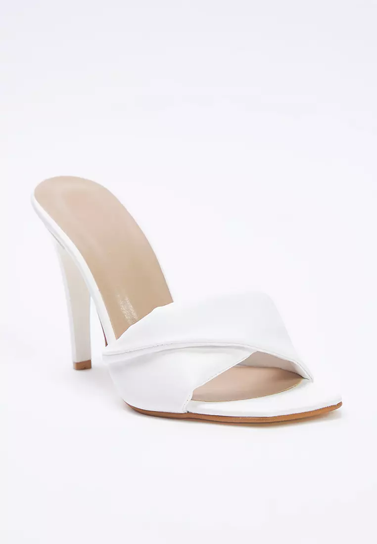White Asymmetric Band Square Toe Women Thin Heels Slippers Takss25To00058