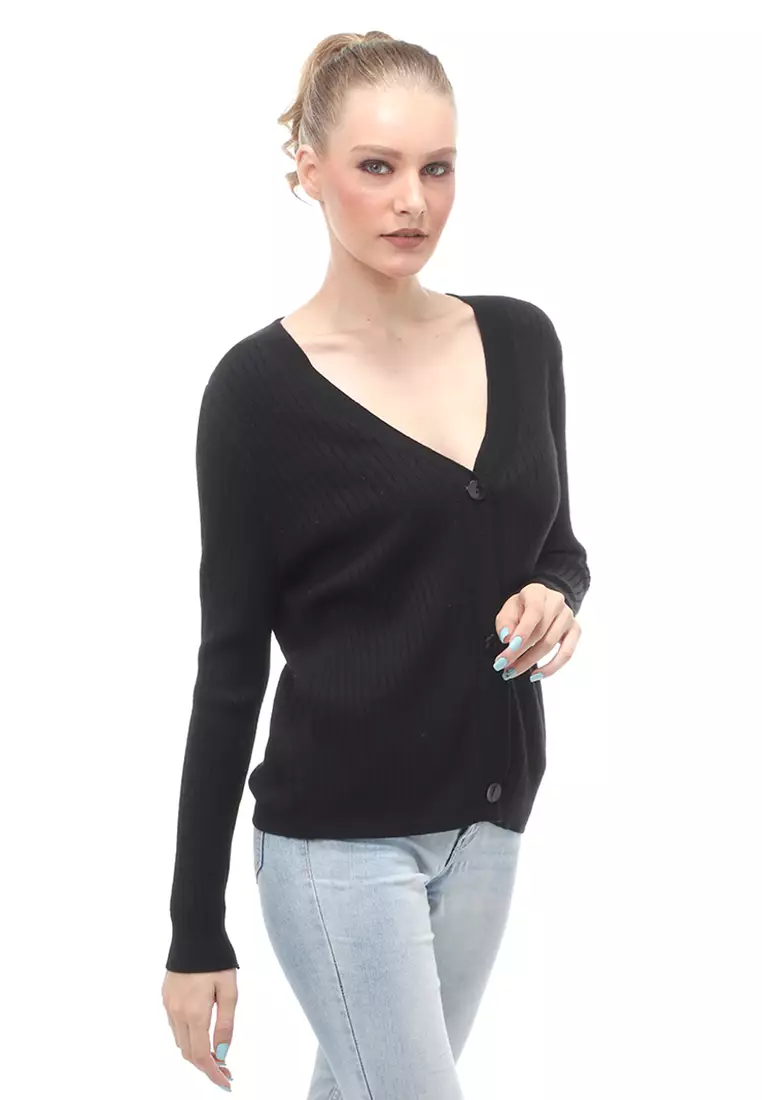Yardley Cardigan Atasan Wanita Long Sleeves Motif Salur Front Button Opening - Hitam
