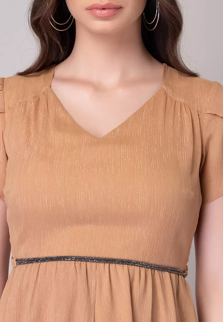 Peach V-Neck Maxi Dress With Embellished Belt