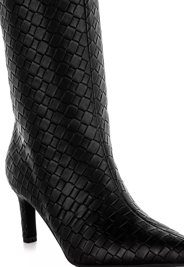 Woven Faux Leather Boots in Black