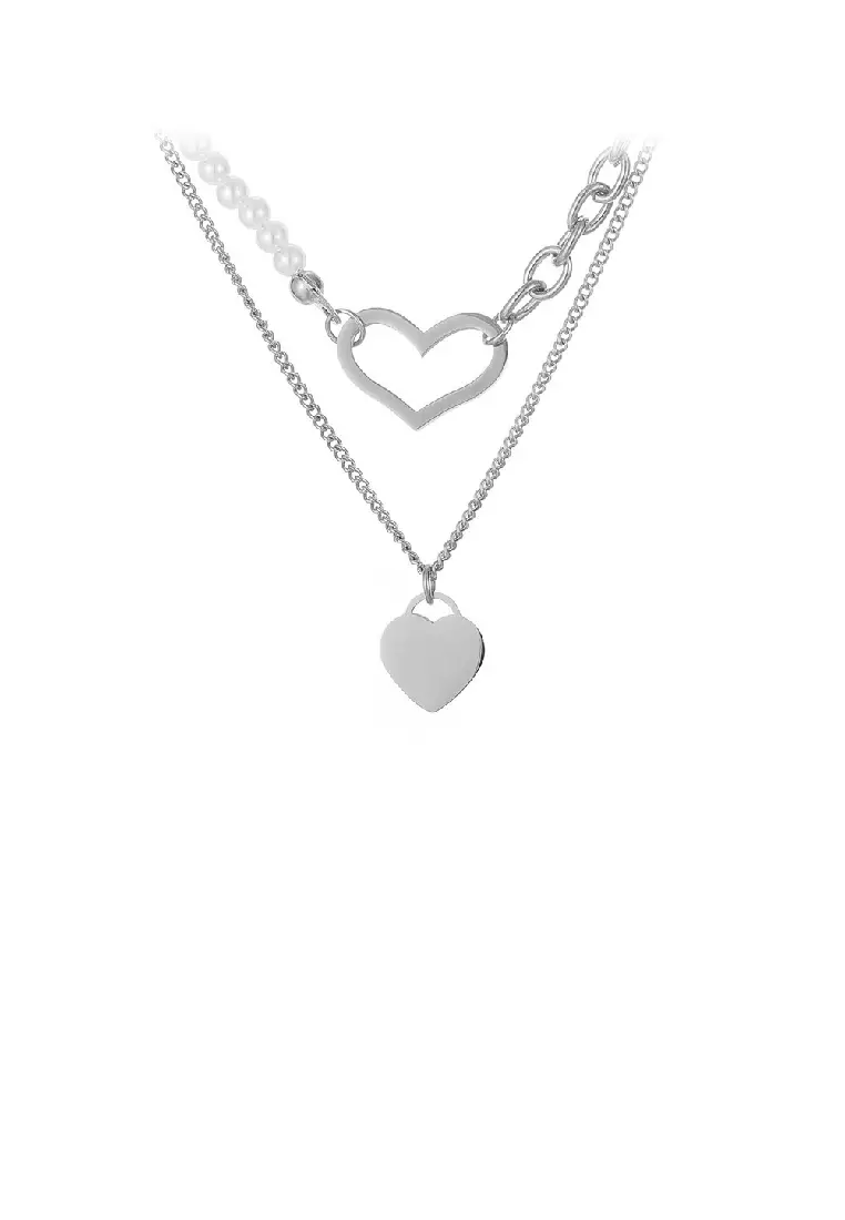Fashion Temperament 316L Stainless Steel Heart Pendant with Imitation Pearl and Double Layer Necklace