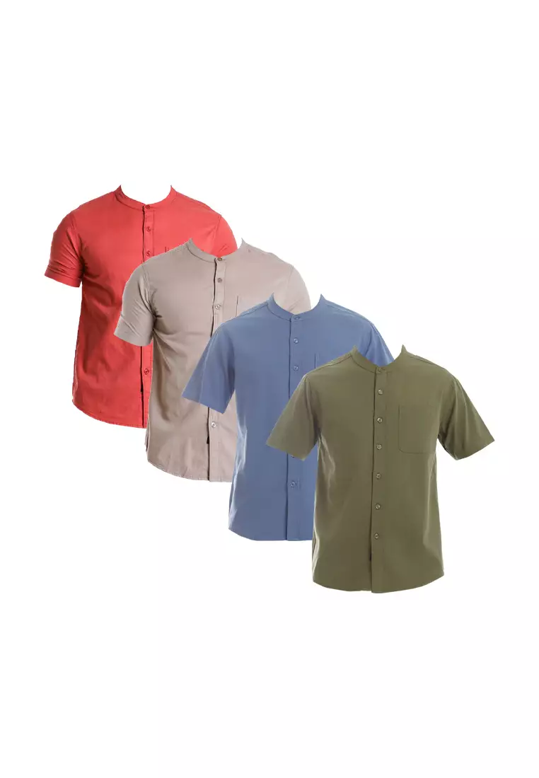 Forest Woven Mandarin Collar Short Sleeve Men Shirt | 621405-31Blue