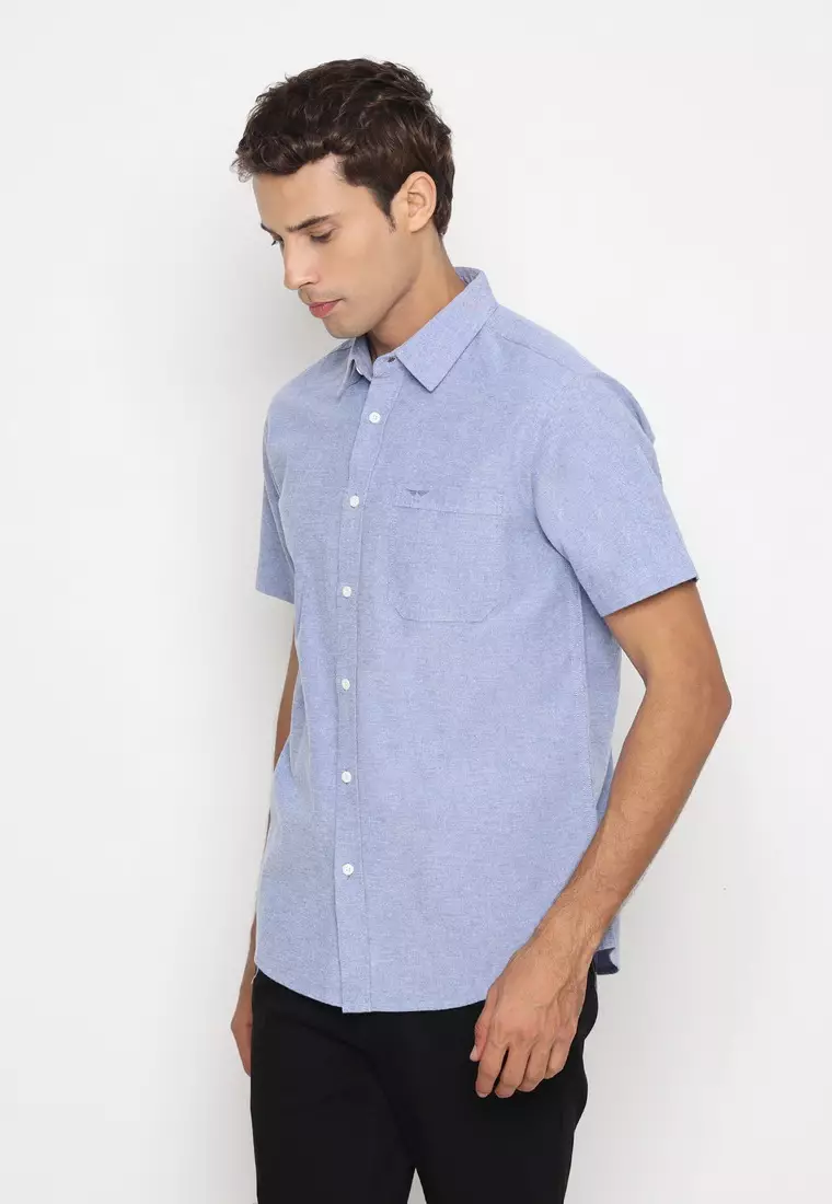 RBJ Kemeja Polos Cotton Biru Slim Fit Pria