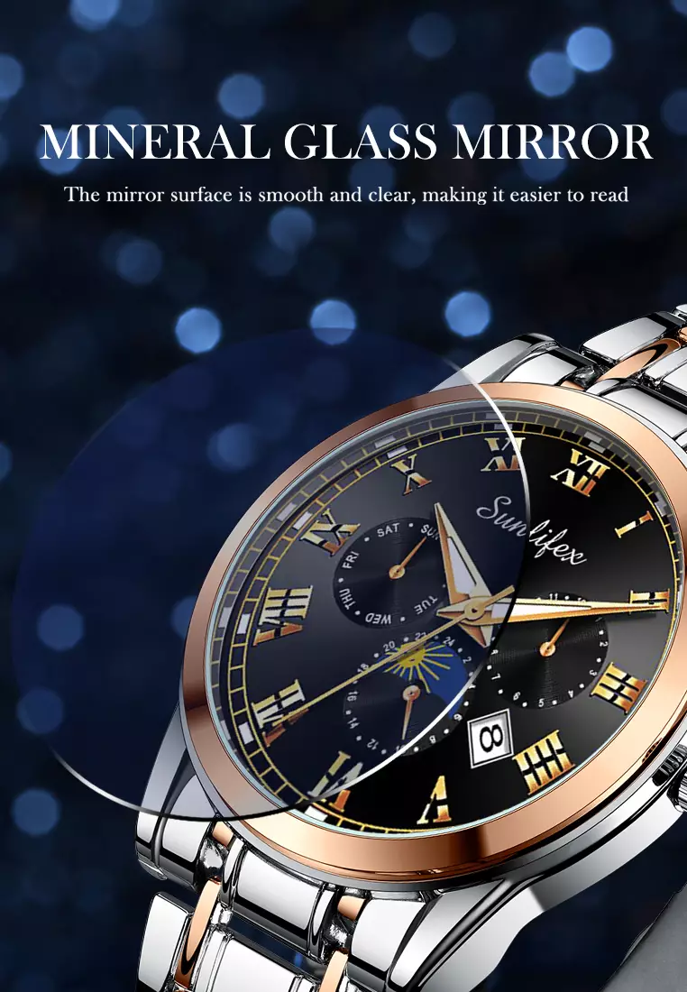 Jam Tangan Pria Tali Stainless Steel Anti Air Kuarsa Santai Mode Jam Tangan Cowok rose black