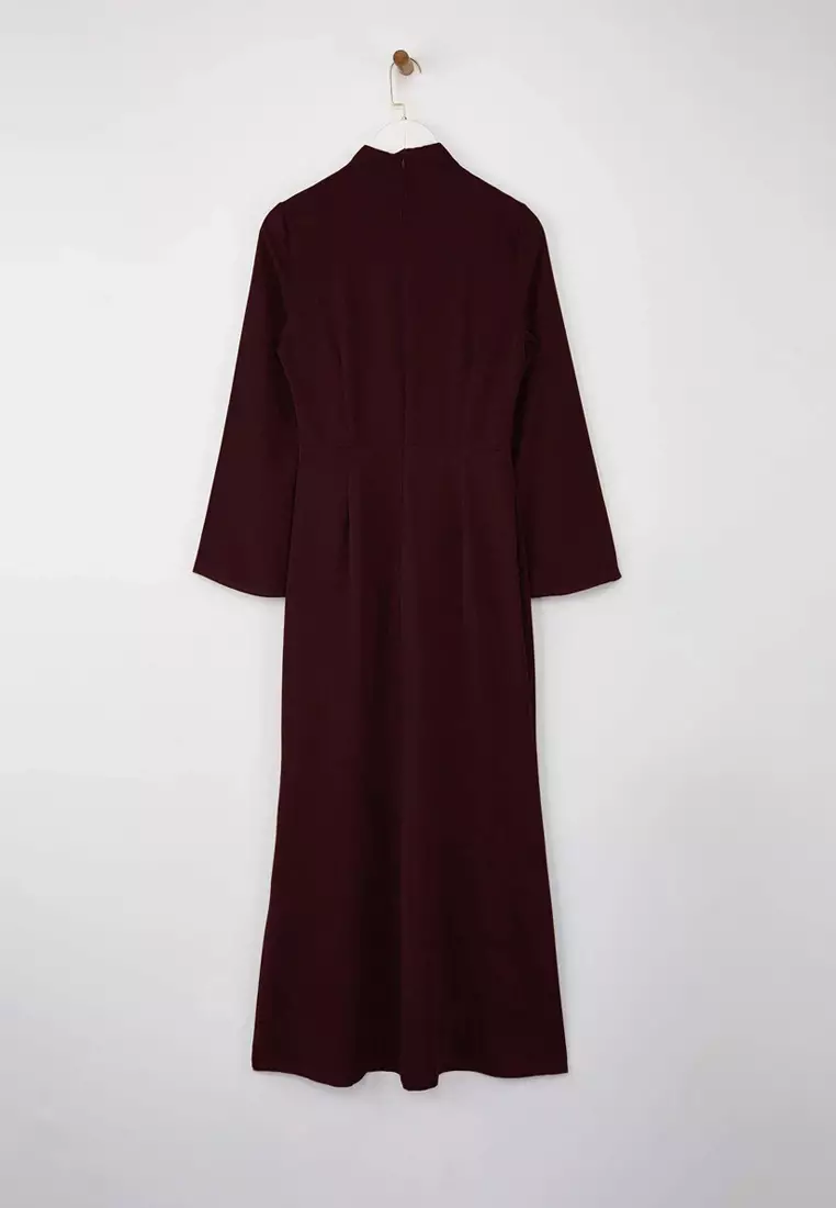 Burgundy Drape Detailed Woven Evening Dress Tctaw26Db00000