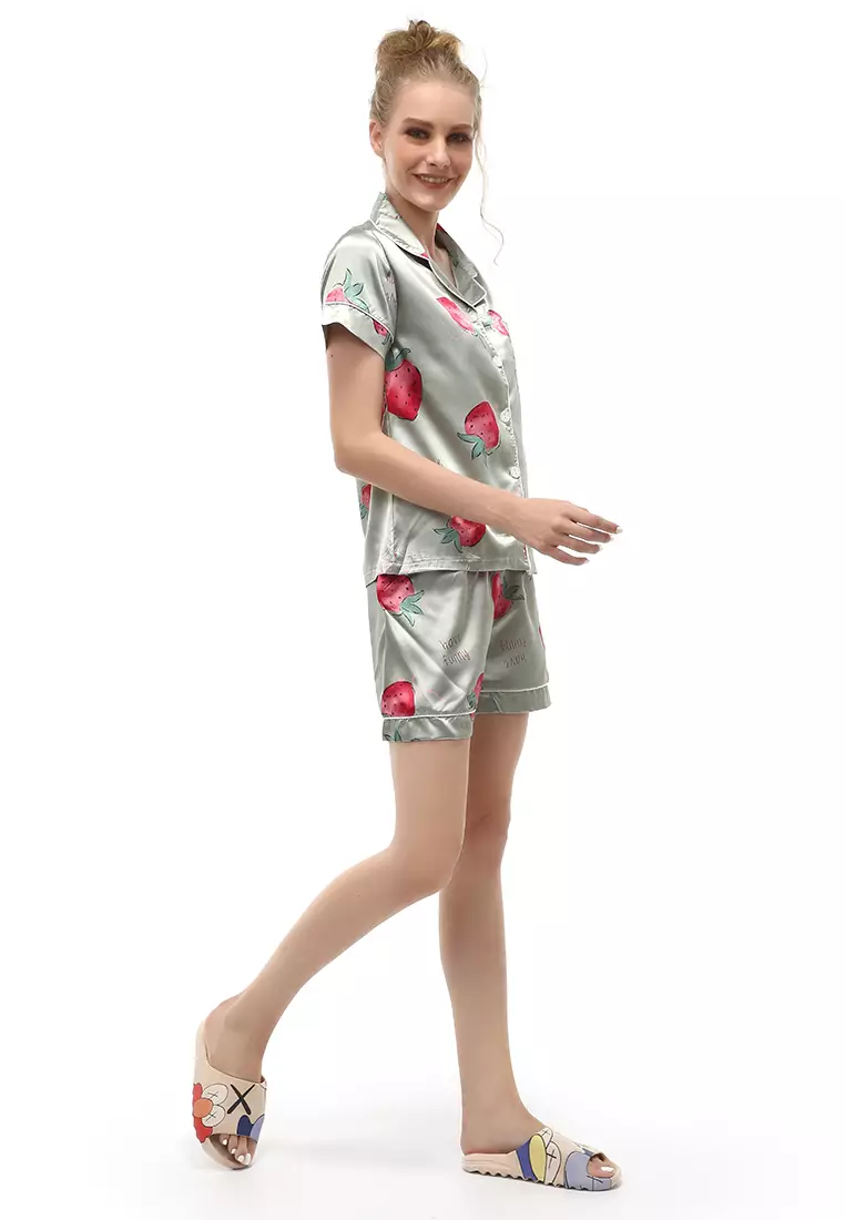 Vance Piyama One Set Baju Tidur Wanita  Celana Pendek Motif Strawberry Material Satin ORIGINAL - Tosca