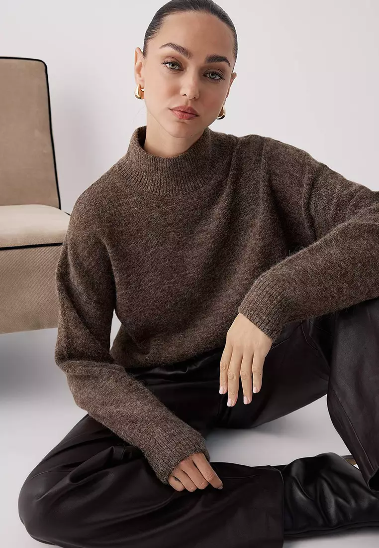 Mink Alpaca Wool Blended Premium/Special Yarn Wide Fit Basic Knitwear Sweater