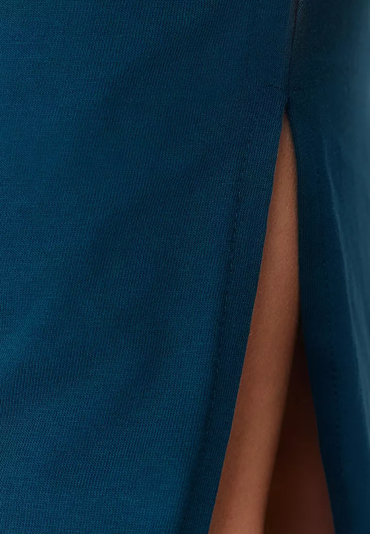 Petrol Plain T-Shirt Dress Slit Detailed Shift/Relaxed Cut Midi