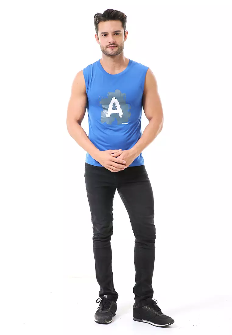 Bobby Atasan Kasual Pria Singlet Motif Huruf A Atasan Tanpa Lengan Material Cotton ORIGINAL - Blue