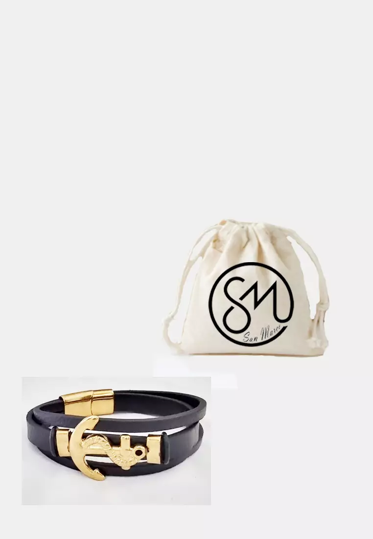 Accessories Pria Anchor Classic Charm Leather Bracelet Gelang Pria Black & Gold