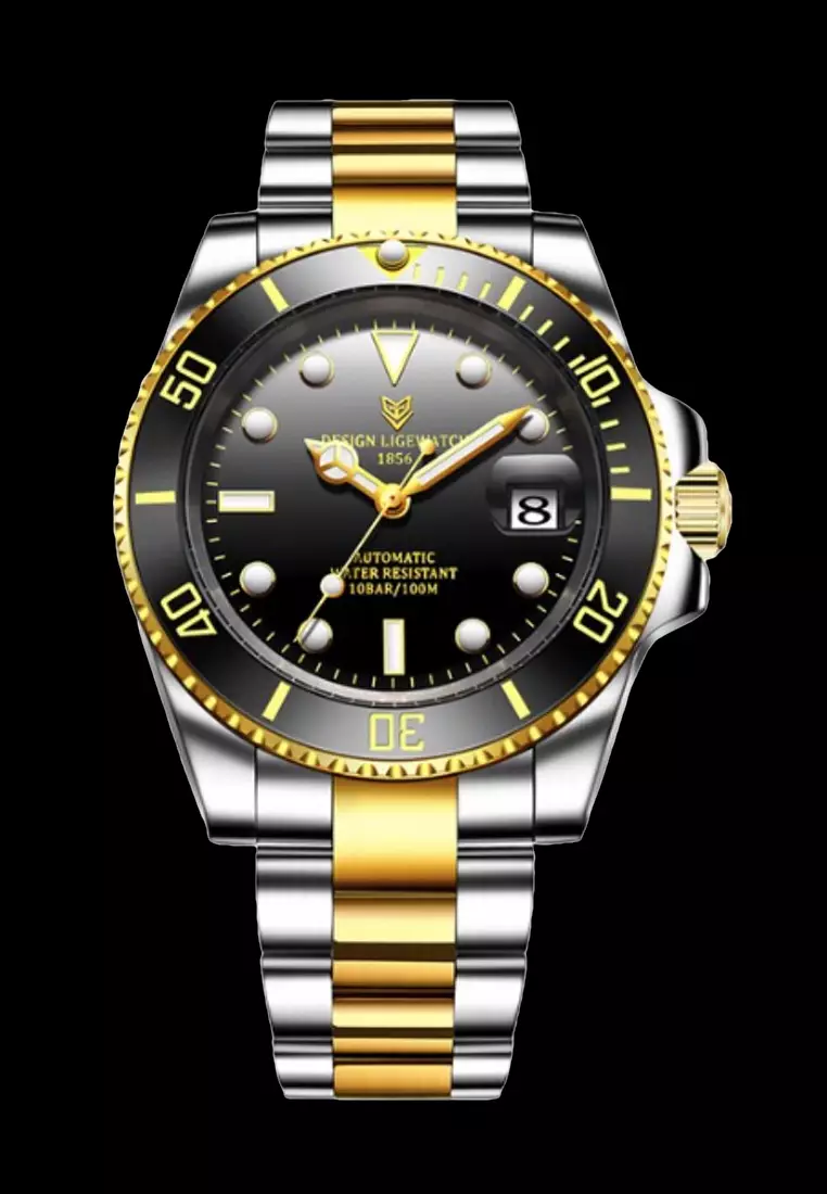 AUTOMATIC Unisex Diver's Stainless Steel Self-winding Watch, Black turning bezel, Black dial on Steel Bracelet