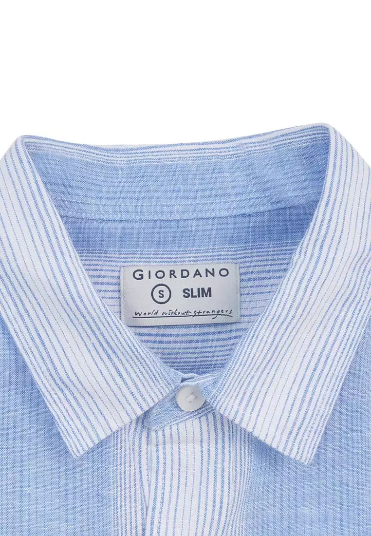 Men's Linen Cotton Poplin Short Sleeves Stripe Shirt
