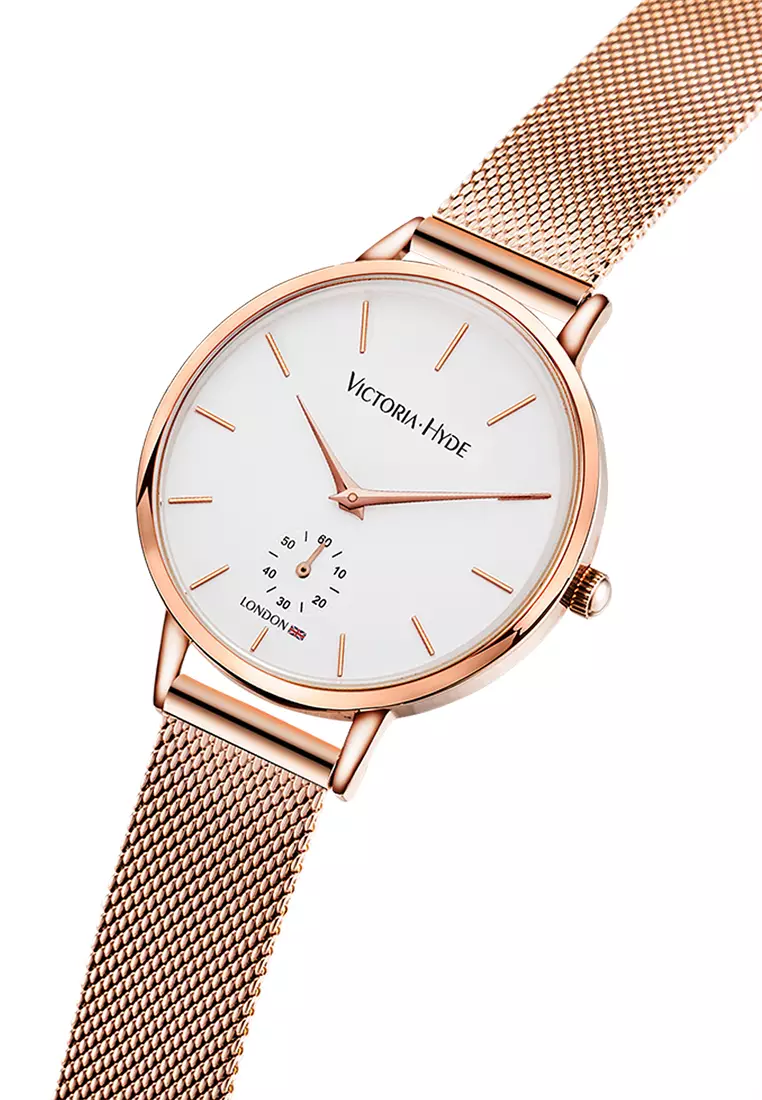 女士休閑手表 34mm白色圓形表盤 獨立秒針 玫瑰金不鏽鋼編織表帶-玫瑰金