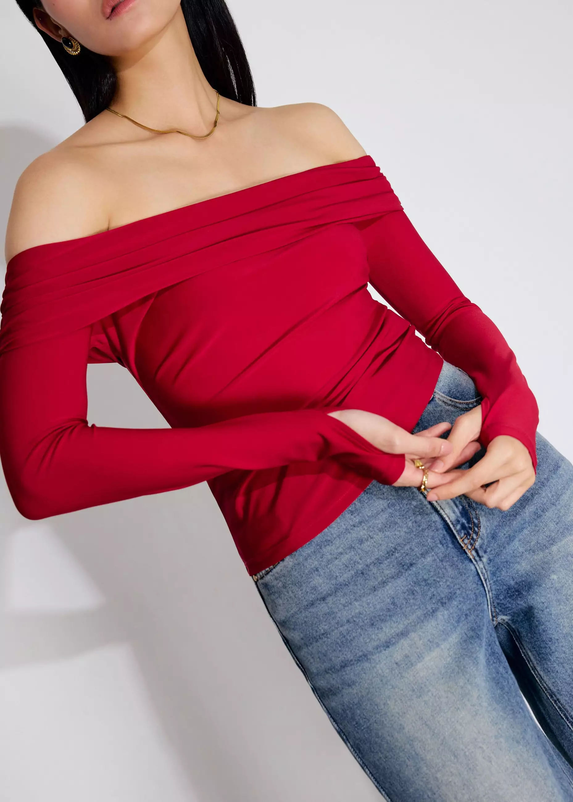 Atasan Wanita - Jersey Off-Shoulder Fitted Top
