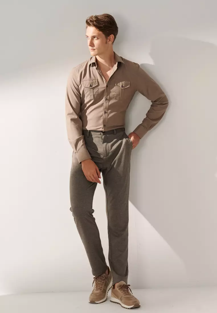 Hazelnut Brown Houndstooth Slim Stretch Jersey Trousers