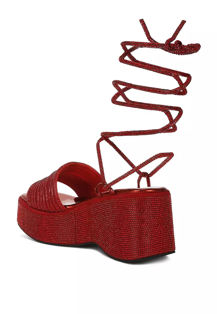Red Rhinestone Embellished Lace-Up Sandals