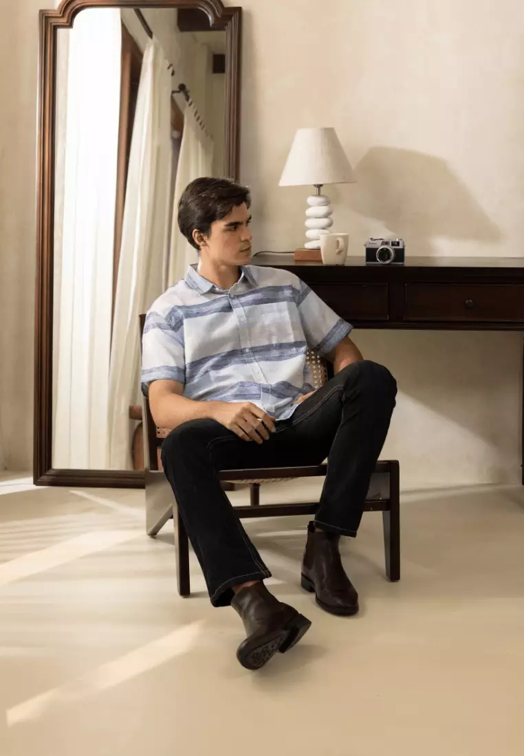 POLICE Kemeja Salur Printing Biru Abu Regular Fit Pria