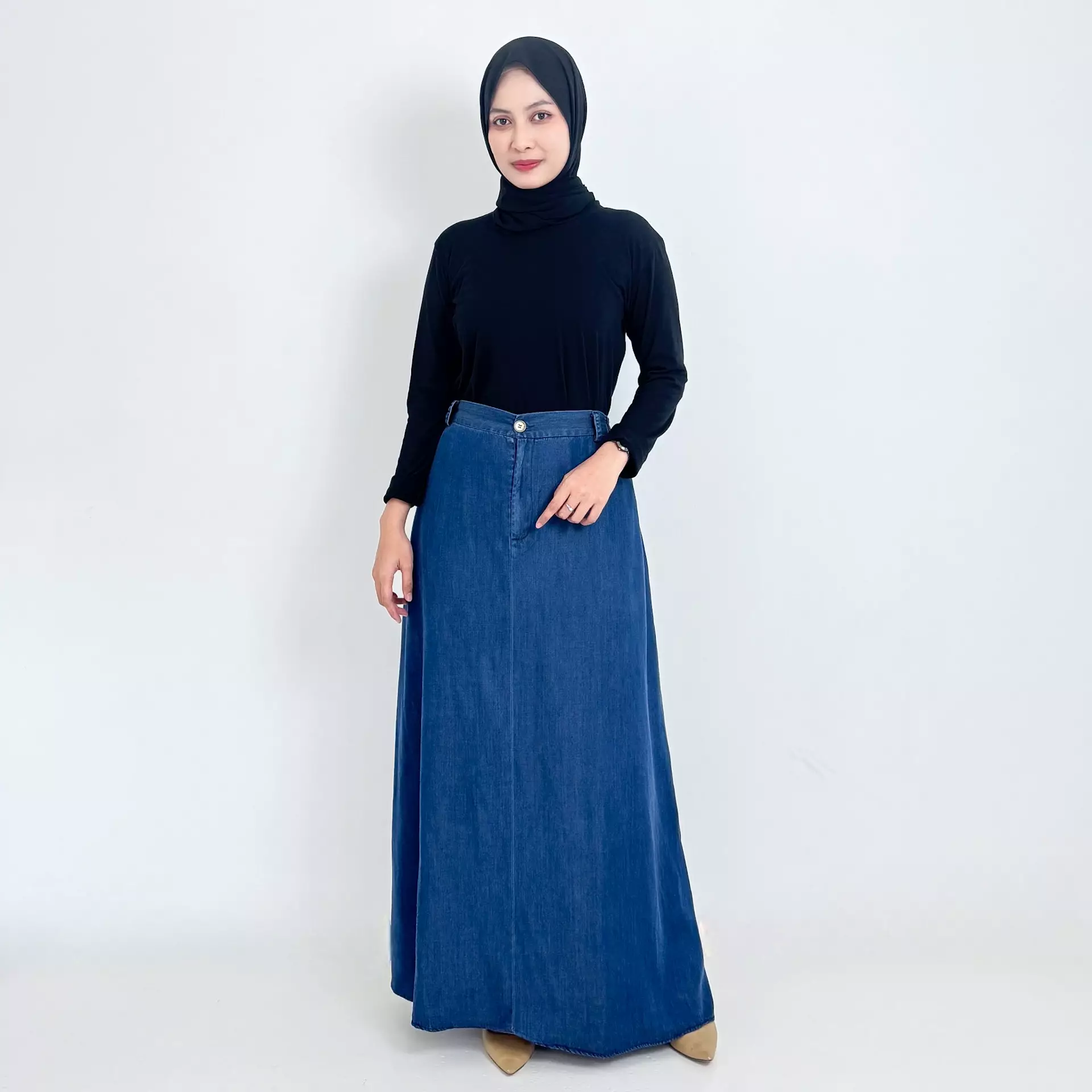 Salsa Flare Denim Skirt [Dark Blue] Rok Panjang 104-106 cm Soft Jeans Wanita A-Line