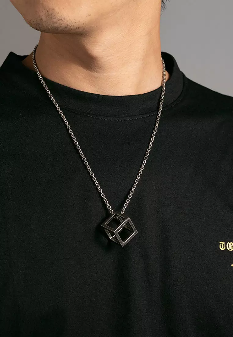 Black Square Cube Pendant Necklace for Men