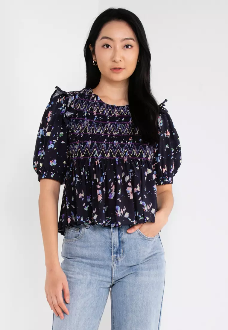 Saturday Club Puff Sleeve Art Print Ruffled Hem Top