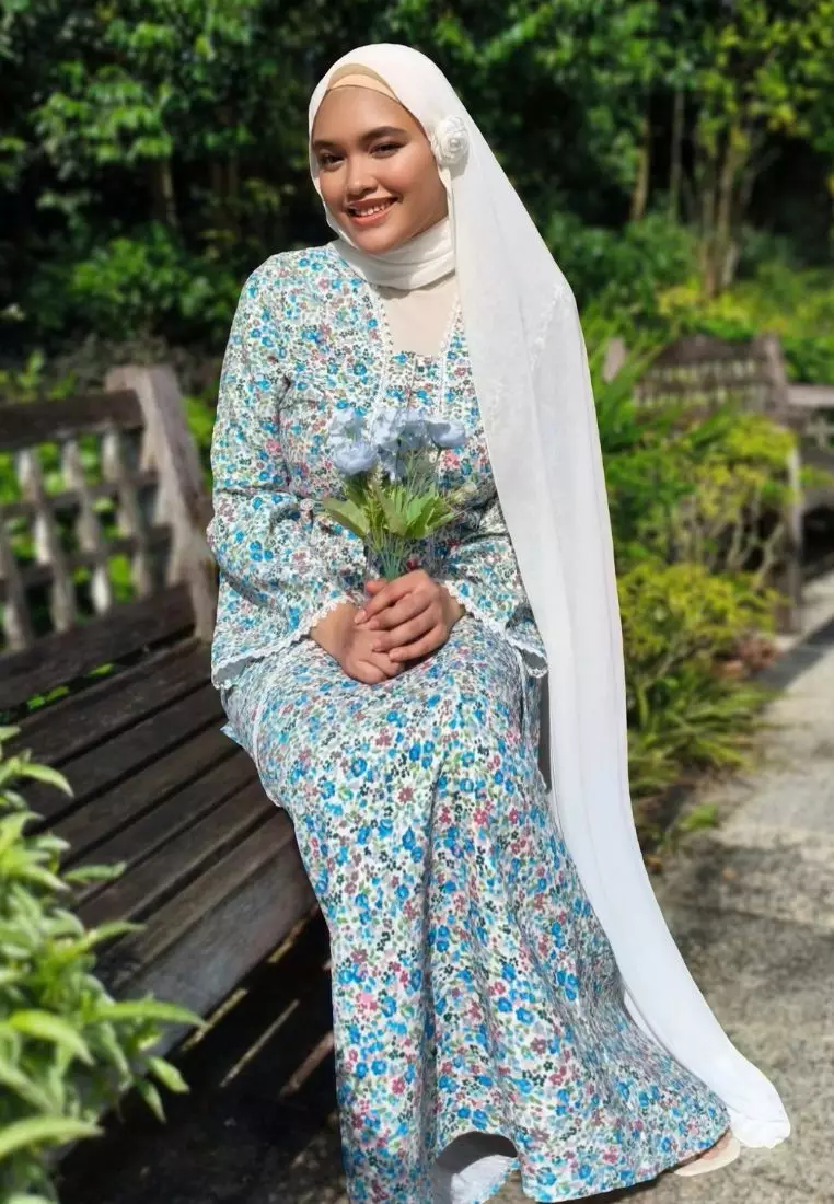 Teal Puff Sleeve Floral Modern Kebaya Kurung Hari Raya