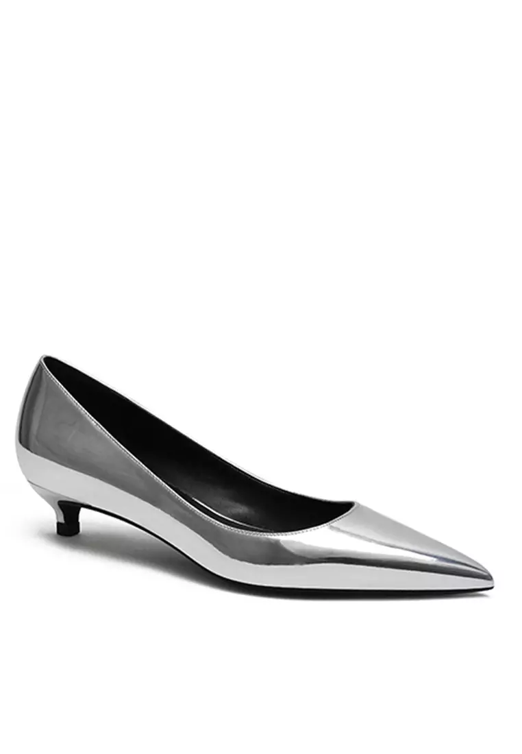3CM Metallic Faux Leather Pointed Kitten Heels Pumps HZL130