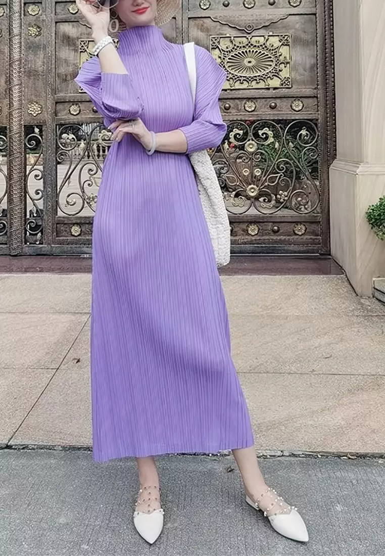 Half-High Collar Bat Sleeve Pleats Dress CZJ7877
