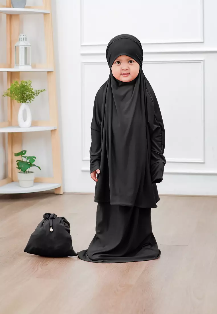 Zelena - Raudhia Prayer Set Anak | Set Mukena French Khimar - Black