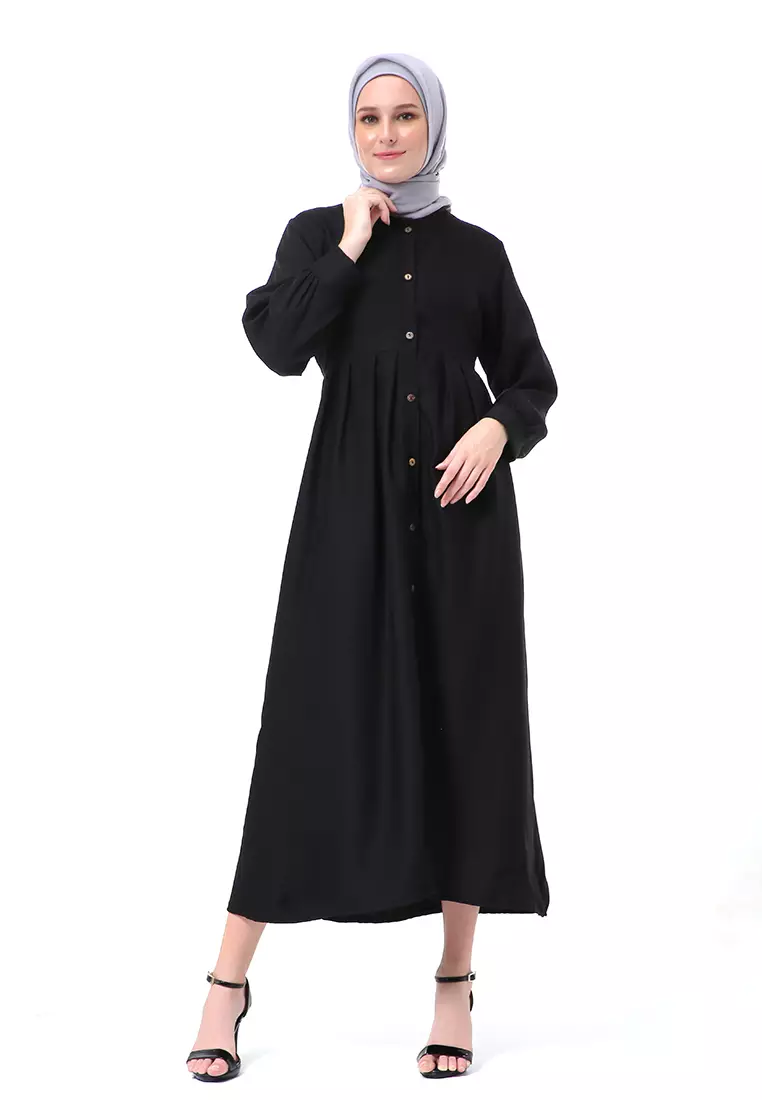 Kiyah Dress Button Muslimah Atasan Wanita Long Sleeve Premium Quality - Hitam