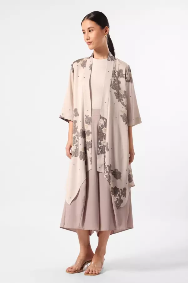 MINIMAL - Amira - Kardigan Panjang Motif Bunga - Beige Warna Beige