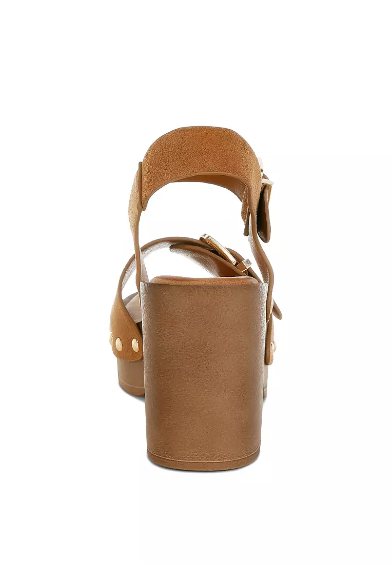 Real Suede Leather Clog Sandals In Tan