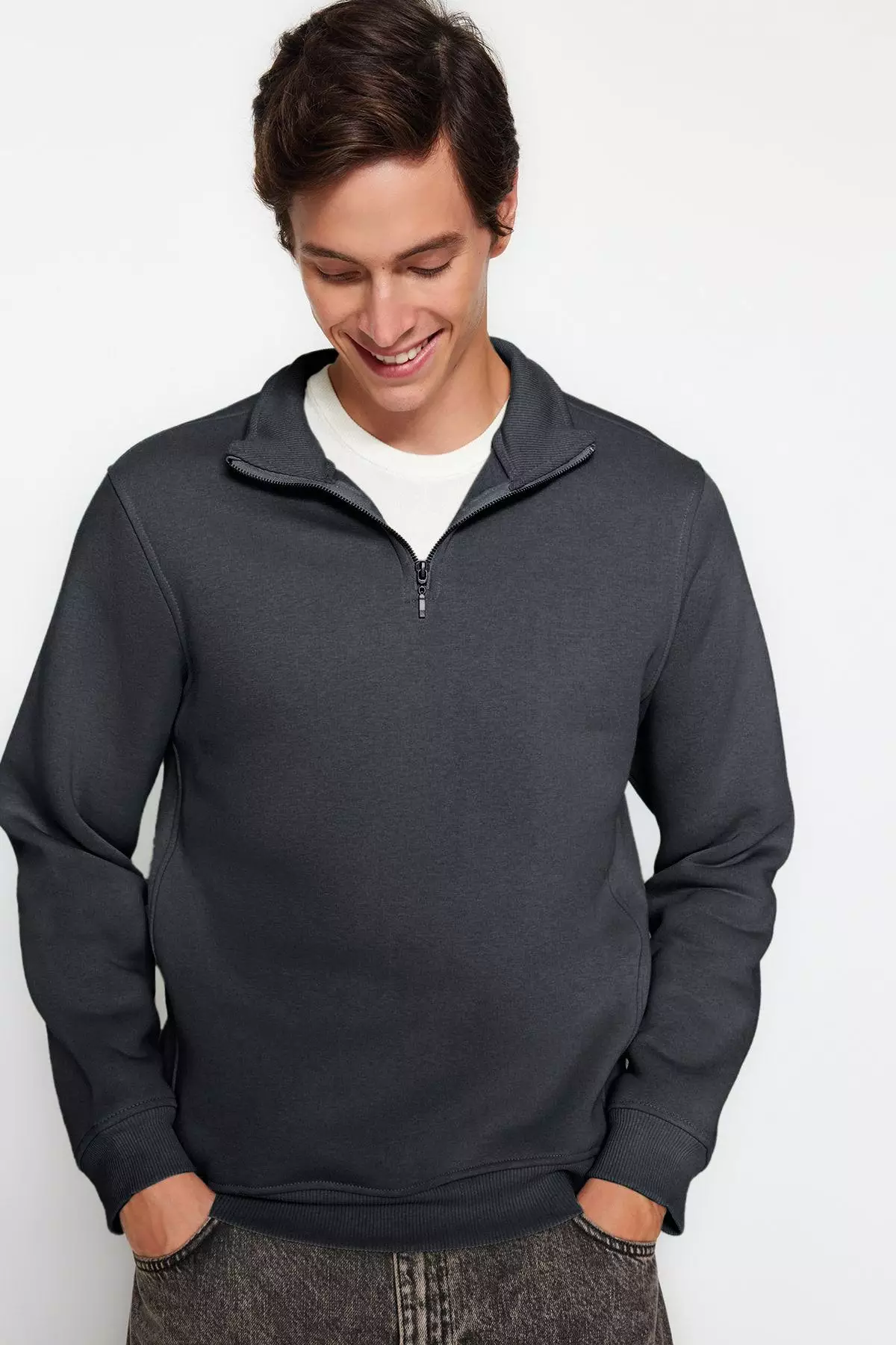Anthracite Regular/Normal Cut Stand Collar Zippered Warm Basic Sweatshirt TMNAW24SW00041
